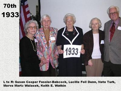 Class of 1933 (70th Reunion)
Susan Cooper Fassler-Babcock, Lucille Foll Dunn, Neta Turk, Merva Martz Walasek, Keith E. Watkin
