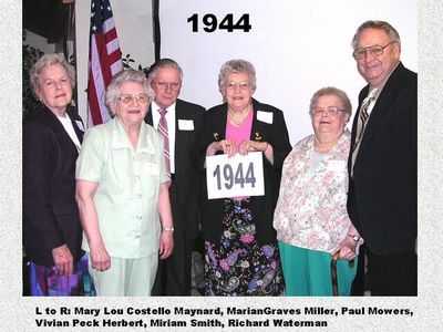 Class of 1944
Mary Lou Costello Maynard, Marian Graves Miller, Paul Mowers, Vivian Peck Herbert, Miriam Smith, Richard Waterman
