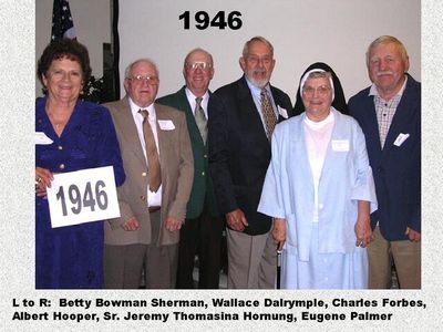 Class of 1946
Betty Bowman Sherman, Wallace Dalrymple, Charles Forbes, Albert Hooper, Sister Thomasina Hornung, Eugene Palmer
