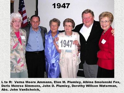 Class of 1947
Verna Moore Ammann, Elon M. Plumley, Albina Smolenski Fox, Doris Monroe Simmons, John D. Plumley, Dorothy Willson Waterman
