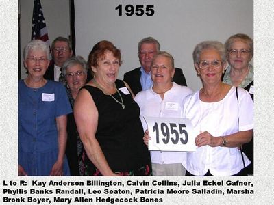 Class of 1955
Kay Anderson Billington, Calvin Collins, Julia Eckel Gafner, Phyllis Banks Randall, Leo Seaton, Patricia Moore Salladin, Marsha Bronk Boyer, Mary Ellen Hedgecock Bones
