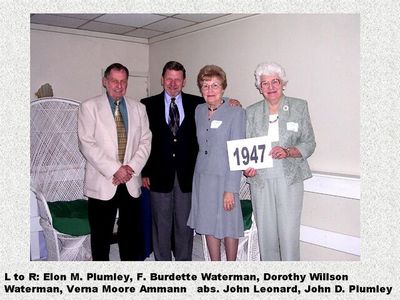 Class of 1947
Elon Plumley; F. Burdette Waterman; Dorothy Willson Waterman; and Verna Moore Ammann
Keywords: 1947 plumley waterman willson moore ammann