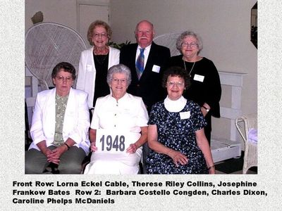 Class of 1948
Front: Lorna Eckel Cable; Therese Riley Collins; Josephine Frankow Bates
Back: Barbara Costello Congdon; Charles Dixon and Caroline Phelps McDaniels
Keywords: 1948 eckel cable riley collins frankow bates costello congdon dixon phelps mcdaniels