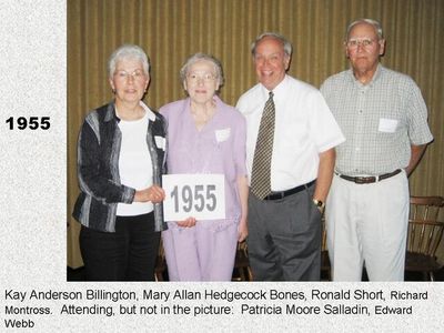 Class of 1955
Kay Anderson Billington; Mary Allen Hedgecock Bones; Ronald Short; and Richard Montross
Keywords: 1955 anderson billingt hedgec bones short montross