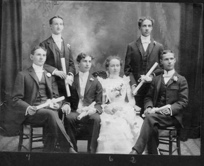 Class of 1899
L to R: William G. Downes, Edward Evans, unkn, Angela M. Farnsworth, Chester R. Downes, unkn
Unidentified: Roscoe Knapp, Lewis C. Gamble

