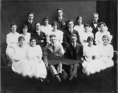 Class of 1916
1st R.: Mildred Russell (Elliott), Hazel Paddock, Roscoe B. Skinner, George Skerritt, Lulu Mae Thompson (Clark), Ella E. Skinner (Simmons)

2nd R.: Elsie Louise Watkin (Eastham), Edna Blount (Clough), Lawrence Wicks Conant, Catherine I. Hanifin (Martin), Henry Turner Dorrance, Mable Skinner, Lora A. Lorraine (Gerow)

3rd R.: Henry D. Leigh, Pearl Barrows (Brennan), Davies Johnson, Margaret R. Durgee (Eastham), William Dorrance
