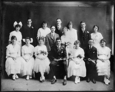 Class of 1917
1st R.: Veronica E. Colburn (Scoville), Clarissa F. Pond (Heaton), Carolyn Ruth Stoddard, William Roy Van Allen, unkn, Robert H. Wasson, unkn

2nd R.: Mary A. Sprague (Jones), John W. Nichols, Mona M. Snow, Lloyd T. Scanlon, Laurence Smith MacMillan, Helen R. Flagg (Yerdon), unkn, William J. Wasson, Grace M. Reilly (Hawkes)

Unidentified: Claribel Tillinghast (Hornung), Mary E. Matteson (Mills), Marjorie E. Whipple (McIndoe)
