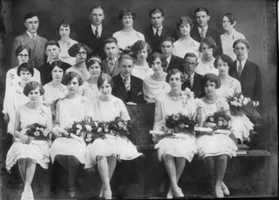 Class of 1927
1st Row: Reah L. Ingraham (Felding), Marjorie A. Kent (Clark), Gladys A. Thomas, Elva J. Rowell (Conner), Julia A. Paff (Hughes)

2nd Row: Marguerite F. Dawley, Merrilene A. Forward (Wood), Dorcas H. Darling (Gambill), Almon G. Farnsworth, Janet M. Bussey (Strohm), Glen S. Oster, Doris C. Colburn (BenKinney)

3rd Row: Helen D. Wakefield (Clemens), Harold W. Rush, Elvira A. Boh (O'Rourke), Joseph O'Rourke, Margaret R. Finnerty (Wright), Ronald Kirkland, Ida E. Cole (Simmons), unkn

4th Row: Edward J. McCormack, Olive Miller, unkn, Ella Ida Dunn (Strail-Rowell), Elbert W. Saltsman, Lucille D. Knapp, Harold Nichols, Margaret M. Allison (Coburn)

Unidentified: Harold Audas, William A. Hollenbeck
