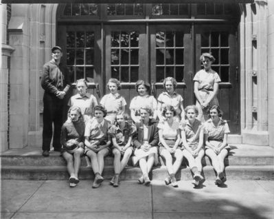 Class of 1938 Girls Team
Group photo of Girls Sport Team (Soccer?), 1938?
Front: 

Back: Coach Stewart Thompson; 
