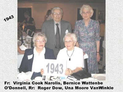 Class of 1943
Seated: Virginia Cook Narolis; Bernice Wattenbe O'Donnell
Standing: Roger Dow; Una Moore VanWinkle
