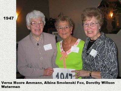 Class of 1947
Verna Moore Ammann; Albina Smolenski Fox; Dorothy Willson Waterman
Keywords: 1947 moore ammann smolenski fox willson waterman