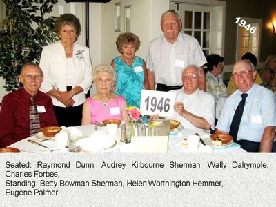 Class of 1946
Seated: Ray Dunn; Audrey Kilbourne Sherman; Wallace Dalrymple; Charles Forbes;
Standing: Betty Bowman Sherman; Helen Worthington Hemmer; and Eugene Palmer
Keywords: 1946 palmer kilbourne sherman dunn worthington hemmer bowman forbes