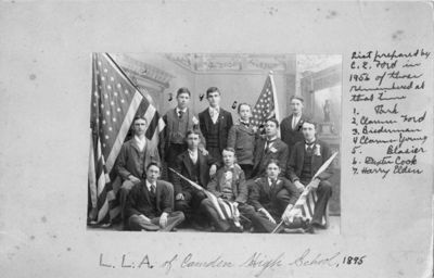 1895 Lyceum League of America, Camden High School
1st R.: (1) __ Park, unkn, unkn
2nd R.: (2) Clarence Ford, unkn, (5) Merton Irving Blasier, (6) Dexter Cook, (7) Harry Elden
3rd R.: (3) __Biederman, (40) Clarence Young, Unkn

